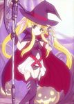  black_panties blonde_hair cape fate_testarossa garter_straps gloves halloween hat heika_(heikahp) long_hair lyrical_nanoha mahou_shoujo_lyrical_nanoha mahou_shoujo_lyrical_nanoha_a's panties red_eyes solo thighhighs twintails underwear weapon witch_hat 