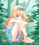  barefoot blonde_hair blue_eyes blush bow bug butterfly dress hair_bow hairband highres insect leaf legs long_hair original shuuichi_(gothics) solo wet 