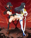  ass ass-to-ass bakuzan black_hair boots breasts epaulettes gloves high_heels highres hip_attack junketsu kill_la_kill kiryuuin_satsuki large_breasts matoi_ryuuko multicolored_hair multiple_girls panties revealing_clothes scissor_blade senketsu sideboob sword thigh_boots thighhighs thong underwear weapon white_panties y_(ketn) 