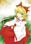  blonde_hair bow detached_sleeves erhu hair_bow instrument official_style oota_jun'ya_(style) parody sakuragi_rian satsuki_rin short_hair sitting style_parody touhou yellow_eyes 