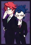  blue_hair formal glasses green_eyes inazuma_eleven_(series) inazuma_eleven_go kiyama_hiroto male_focus maron_(quintet_colors) multiple_boys necktie older red_hair suit tsurugi_kyousuke yellow_eyes 