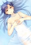  absurdres bare_shoulders blue_hair blush brown_eyes collarbone dress flat_chest from_above hair_spread_out highres idolmaster idolmaster_(classic) k.y_ko kisaragi_chihaya long_hair looking_at_viewer lying on_back open_mouth parted_lips partially_submerged scan see-through solo strap_slip water wet white_dress 
