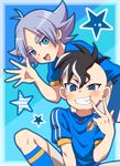  blush fubuki_shirou fudou_akio grin inazuma_eleven inazuma_eleven_(series) inazuma_japan male_focus maron_(quintet_colors) multiple_boys open_mouth smile soccer_uniform sportswear star 