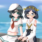  aqua_eyes bare_shoulders black_hair blush eyepatch glasses grey_eyes hairband hat kantai_collection kirishima_(kantai_collection) kiso_(kantai_collection) multiple_girls navel neckerchief nontraditional_miko riku_(rikkuru) semi-rimless_eyewear short_hair skirt under-rim_eyewear yellow-framed_eyewear 