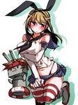  bare_shoulders black_panties blonde_hair blue_hair breasts cosplay elbow_gloves genderswap genderswap_(mtf) gloves guilty_gear kantai_collection ky_kiske kyko large_breasts lifebuoy long_hair m.u.g.e.n panties rensouhou-chan rensouhou-chan_(cosplay) ryuuri_(aoithigo) shimakaze_(kantai_collection) shimakaze_(kantai_collection)_(cosplay) sol_badguy sol_badguy_(cosplay) solo thighhighs underwear white_background white_gloves white_legwear 