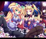  2girls arakune arc_system_works ass bare_shoulders bat_wings bell blazblue blazblue:_calamity_trigger blazblue:_continuum_shift blonde_hair blush book bow breasts checkered checkered_floor clock detached_sleeves fang flat_chest floor flower gii green_eyes hair_bow hair_ribbon hand_holding heart heart-shaped_pupils interlocked_fingers ishii666 lily_(flower) long_hair looking_at_viewer lying maid maid_headdress moon multiple_girls nago on_side open_mouth panties panties_under_pantyhose pantyhose platinum_the_trinity quad_tails rachel_alucard red_eyes ribbon rose slit_pupils symbol-shaped_pupils tears twintails underwear very_long_hair wings 