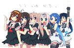  bangs bare_shoulders black_hair black_legwear black_serafuku blonde_hair blue_eyes blue_hair brown_eyes brown_hair green_eyes hair_ribbon hairband kantai_collection long_hair multiple_girls murasame_(kantai_collection) neckerchief one_eye_closed open_mouth orange_hairband red_neckwear ribbon samidare_(kantai_collection) school_uniform serafuku shigure_(kantai_collection) shiratsuyu_(kantai_collection) short_hair simple_background smile soiri_(us) suzukaze_(kantai_collection) thighhighs translated twintails white_background yuudachi_(kantai_collection) zettai_ryouiki 