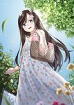  :d bag blue_eyes blush brown_hair day dress floral_print flower from_below hair_flower hair_ornament handbag happy hedgehog kyon_(fuuran) leaf long_hair looking_at_viewer open_mouth original print_dress sky smile solo tree 