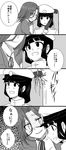  admiral_yurika bangs blunt_bangs chair comic destruction female_admiral_(kantai_collection) greyscale grin hat kantai_collection long_hair looking_at_viewer military military_uniform monochrome multiple_girls naval_uniform ponytail shaded_face smile tatsuta_(kantai_collection) translated uniform white_background yandere yoicha yuri 