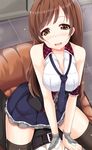  black_legwear blush breasts brown_eyes brown_hair cleavage drooling idolmaster idolmaster_cinderella_girls large_breasts long_hair necktie nitta_minami oga_raito open_mouth saliva sitting sitting_on_person skirt smile tank_top thighhighs wavy_mouth 