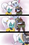  2016 armor bandlebro_(artist) belt blue_eyes blue_skin clothed clothing comic explosives female food grenade hair happy league_of_legends navel pants pie pigtails poppy_(lol) riot_games sad tristana_(lol) video_games weapon white_hair yellow_eyes yordle 