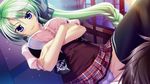  1boy 1girl artist_request blue_eyes breasts character_request game_cg green_hair indoors long_hair maitani_parsley minazuki_haruka night nosferatu_no_omochaâ˜†å½¡ panties ponytail sitting sitting_on_person skirt smile source_request thighhighs underwear 