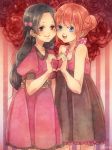  2girls bangs bare_arms black_hair blue_eyes blush bow brown_eyes bun deco_(geigeki_honey) dress female floral_background flower gintama hair_bow heart heart_hand heart_hands heart_hands_duo kagura_(gintama) long_hair multiple_girls open_mouth orange_hair puffy_short_sleeves puffy_sleeves red_flower red_rose rose short_hair short_sleeves smile source_request striped striped_background tokugawa_soyo 