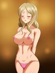  1girl artist_request bikini blonde_hair blush breasts cameltoe eyes_closed kazama_ushio large_breasts long_hair micro_bikini pink_bikini sasameki_koto solo swimsuit tears 