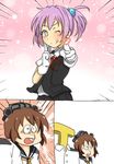  1boy 2girls admiral_(kantai_collection) arito_arayuru bangs blue_eyes brown_hair buck_teeth comic commentary_request dress gloves hair_ornament heart kantai_collection mizuki_shigeru_(style) multiple_girls neck_ribbon one_eye_closed parody pleated_skirt pointing pointing_at_viewer ponytail purple_hair red_neckwear red_ribbon ribbon sailor_dress shiranui_(kantai_collection) shirt short_hair short_sleeves skirt style_parody symbol-shaped_pupils t-head_admiral tongue tongue_out white_gloves white_shirt yukikaze_(kantai_collection) 