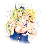  animal_ears backlighting blonde_hair blue_eyes blue_hairband blue_leotard breast_press breasts brown_eyes bunny bunny_ears bunny_tail bunnysuit cecilia_alcott charlotte_dunois detached_collar green_hair hair_ribbon hairband infinite_stratos kojima_saya large_breasts leotard long_hair multiple_girls nipples open_mouth ponytail ribbon simple_background smile symmetrical_docking tail white_background wrist_cuffs 