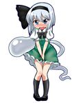  black_hairband black_legwear blue_eyes blush bob_cut bow bowtie buttons dress full_body hairband have_to_pee highres kneehighs kochouka konpaku_youmu konpaku_youmu_(ghost) legs_together mary_janes open_mouth pee peeing peeing_self pigeon-toed puffy_short_sleeves puffy_sleeves shoes short_hair short_sleeves silver_hair simple_background skirt solo standing tears thigh_gap touhou v_arms wavy_mouth white_background 