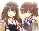  :d akagi_(kantai_collection) brown_eyes brown_hair japanese_clothes kaga_(kantai_collection) kantai_collection kaworu_(1030) long_hair looking_at_viewer multiple_girls muneate open_mouth side_ponytail smile 