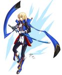  absurdres blazblue blonde_hair blue_eyes blue_footwear boots gloves highres jin_kisaragi male_focus nishiumi_yuuta solo sword uniform weapon yukianesa 