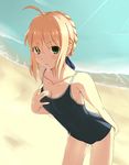  absurdres ahoge artoria_pendragon_(all) bare_shoulders beach blonde_hair blush breasts centon_(736023681) cleavage competition_school_swimsuit covered_navel fate/stay_night fate_(series) green_eyes hair_ribbon highres medium_breasts ocean one-piece_swimsuit outdoors ribbon saber solo swimsuit water wet 