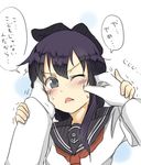  1girl admiral_(kantai_collection) age_conscious akatsuki_(kantai_collection) arito_arayuru cheek_pinching comic grey_eyes hand_on_another's_face kantai_collection long_hair military military_uniform naval_uniform pinching purple_hair school_uniform serafuku translated uniform white_background 