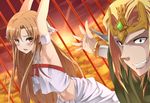  1girl asuna_(sao) bars bdsm blonde_hair blush bondage bound brown_eyes brown_hair crop_top crop_top_overhang grin in_cage long_hair midriff navel noa_(nagareboshi) oberon_(sao) open_mouth pointy_ears smile sword_art_online titania_(sao) 