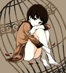  1girl ass bangs birdcage black_eyes black_hair blunt_bangs cage dress eleanor_(rule_of_rose) emotionless expressionless feathers knee_hug leg_hug murayamamon no_panties rule_of_rose short_hair sitting socks solo 