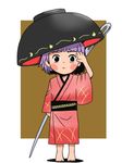  arm_up barefoot black_eyes blush_stickers bowl bowl_hat cosplay hat hotaru_no_haka japanese_clothes kimono long_sleeves needle obi onikobe_rin purple_hair sash setsuko_(hotaru_no_haka) setsuko_(hotaru_no_haka)_(cosplay) solo sukuna_shinmyoumaru touhou wide_sleeves 