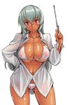  areolae ass_visible_through_thighs bikini blush breasts cleavage contrapposto dress_shirt glasses hand_on_hip head_tilt large_breasts long_hair looking_at_viewer open_clothes open_shirt pointer red_eyes rozen_maiden see-through shiny shiny_skin shirt silver_hair smile solo standing suigintou swimsuit tan tsuda_nanafushi 