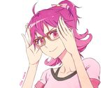  aida_mana bad_id bad_pixiv_id bespectacled bow brown-framed_eyewear character_name dokidoki!_precure flipped_hair glasses half_updo looking_at_viewer negom pink_bow pink_eyes precure short_hair simple_background smile solo upper_body white_background 