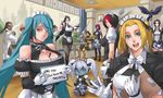  6+girls alternate_costume aqua_hair bare_shoulders between_breasts bird black_legwear blush_stickers boots braid breasts cleavage corset detached_sleeves enmaided exaxuxer fiora_laurent garen_crownguard garters glasses gloves hair_over_one_eye highres jarvan_lightshield_iv large_breasts league_of_legends lee_sin long_hair looking_at_viewer low-tied_long_hair lucian_(league_of_legends) luxanna_crownguard maid maid_cafe maid_headdress multicolored_hair multiple_boys multiple_girls opaque_glasses pantyhose ponytail poppy purple_skin quinn red_hair shauna_vayne shyvana sign single_braid smile sona_buvelle teemo thigh_boots thighhighs thumbs_up twintails two-tone_hair valor_(league_of_legends) very_long_hair waving white_gloves xin_zhao 