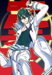  fujiwara green_hair kill_la_kill long_coat male_focus sanageyama_uzu smirk solo spikes sword uniform weapon 