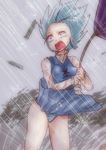  aqua_eyes aqua_hair heterochromia karakasa_obake panties pantyshot purple_umbrella red_eyes solo striped striped_panties takorice tatara_kogasa tears touhou typhoon umbrella underwear wind wind_lift 