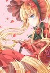  bad_id bad_pixiv_id blonde_hair blue_eyes bow dress flower hat long_hair long_sleeves petals pink_background ponytail red_dress red_flower red_rose rose rozen_maiden shinku solo transistor very_long_hair 