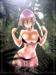  absurdres bikini black_bikini breasts brown_hair engrish forest highres ikeda_(hayato) large_breasts nature navel original purple_eyes ranguage short_hair smile solo swimsuit undressing wading water wet 