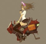 bad_id bad_pixiv_id black_legwear bracelet brown_hair cup disposable_cup grey_background headphones hover_bike jewelry ladic long_hair miniskirt original riding simple_background skirt solo thighhighs zettai_ryouiki 