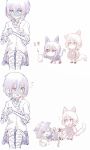  /\/\/\ 3girls animal_ear_fluff animal_ears bandage bandaged_arm bandaged_hands bandaged_head bandaged_leg bandages blue_eyes blue_hair cat_ears cat_tail chibi directional_arrow dual_persona flying_sweatdrops grey_hair grey_skin hair_ornament konno_junko minigirl mizuno_ai multiple_girls niboshi_(1846525664) one_eye_closed red_eyes school_uniform serafuku short_hair short_hair_with_long_locks simple_background tail tangle translation_request white_background zombie zombie_land_saga 