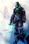  black_bodysuit bodysuit clenched_hand dead_space dead_space_3 fog full_body fur_collar glowing gun helmet holding holding_gun holding_weapon isaac_clarke jacket plasma_cutter sketch so-bin solo standing weapon 