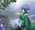  animal_ears blue_eyes blue_hair blush head_fins japanese_clothes long_sleeves mermaid miyakouji monster_girl obi open_mouth rock sash short_hair smile solo touhou wakasagihime water wide_sleeves 