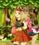  2girls blonde_hair brown_eyes brown_hair fennekin fletchling green_eyes multiple_girls nintendo pokemon pokemon_(game) pokemon_xy sana_(pokemon) serena_(pokemon) yuri 