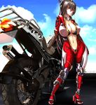  bad_id bad_pixiv_id biker_clothes bikesuit bmw bodysuit breasts brown_hair center_opening cleavage cloud collar collarbone day ground_vehicle hair_ornament hairband highres huge_breasts kantai_collection long_hair motor_vehicle motorcycle nagato_(kantai_collection) red_eyes sky solo tight traces 