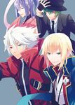  amane_nishiki ayakita_(def) blazblue blonde_hair blue_eyes closed_eyes fedora green_eyes green_hair hat hazama heterochromia jin_kisaragi male_focus multiple_boys necktie otoko_no_ko purple_hair ragna_the_bloodedge smile white_hair 