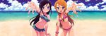  2girls :d absurdres aragaki_ayase bare_shoulders beach bikini black_hair blue_bikini blue_eyes blush breasts cleavage cloud detexted frilled_bikini frills front-tie_top halterneck highres kousaka_kirino long_hair long_image mound_of_venus multiple_girls navel ocean ootomo_takuji open_mouth orange_hair ore_no_imouto_ga_konna_ni_kawaii_wake_ga_nai outstretched_arm pink_bikini sand scan scrunchie sky smile sparkle swimsuit tongue water wide_image 