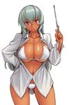  ass_visible_through_thighs bikini blush breasts cleavage contrapposto dress_shirt glasses hand_on_hip head_tilt large_breasts long_hair looking_at_viewer open_clothes open_shirt pointer red_eyes rozen_maiden shiny shiny_skin shirt silver_hair smile solo standing suigintou swimsuit tan tsuda_nanafushi 