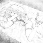  animal_ears ass bed bed_sheet bow bunny_ears camisole fake_animal_ears greyscale high_heels legs_up lingerie long_hair looking_at_viewer lying mashue monochrome on_bed on_stomach original panties pillow smile solo spot_color thong underwear 