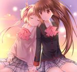  blonde_hair bow brown_hair closed_eyes kamikita_komari little_busters! long_hair multiple_girls natsume_rin pink_bow plaid plaid_skirt ponytail red_eyes satou_aoi short_hair skirt sleeping twintails 