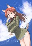  animal_ears blush breast_hold breasts extra_ears kurou_(niconicorin) long_hair medium_breasts military military_jacket military_uniform minna-dietlinde_wilcke ocean one_eye_closed red_eyes red_hair smile solo strike_witches tail uniform world_witches_series 