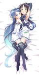  armpits bare_shoulders black_gloves blue_eyes blue_gloves blue_hair blue_legwear blush breast_press dakimakura elbow_gloves gloves green_eyes highres hug kantai_collection long_hair low_twintails lying ma2da matching_outfit multiple_girls on_bed on_side ponytail ribbon samidare_(kantai_collection) school_uniform serafuku skirt smile suzukaze_(kantai_collection) symmetrical_docking thighhighs twintails very_long_hair zettai_ryouiki 