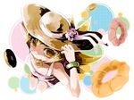  bad_id bad_pixiv_id blonde_hair doughnut dress fang food from_above hat long_hair mikihiro monogatari_(series) mouth_hold nisemonogatari oshino_shinobu solo sun_hat yellow_eyes 