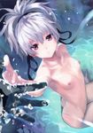  absurdres arm_support black_gloves breasts bubble darker_than_black from_above gloves hair_ribbon high_ponytail highres kawakami_rokkaku long_hair looking_at_viewer navel nipples nude parted_lips petite ponytail purple_eyes reaching_out ribbon scan silver_hair sitting small_breasts solo_focus thigh_gap underwater water yin 